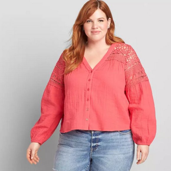 Lane Bryant No Peek Crochet Button-Down Crop Top - Picture 1 of 16